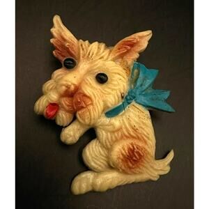 Vintage Celluloid Plastic Dog with Bow Brooch Wheaten Cairn Terrier